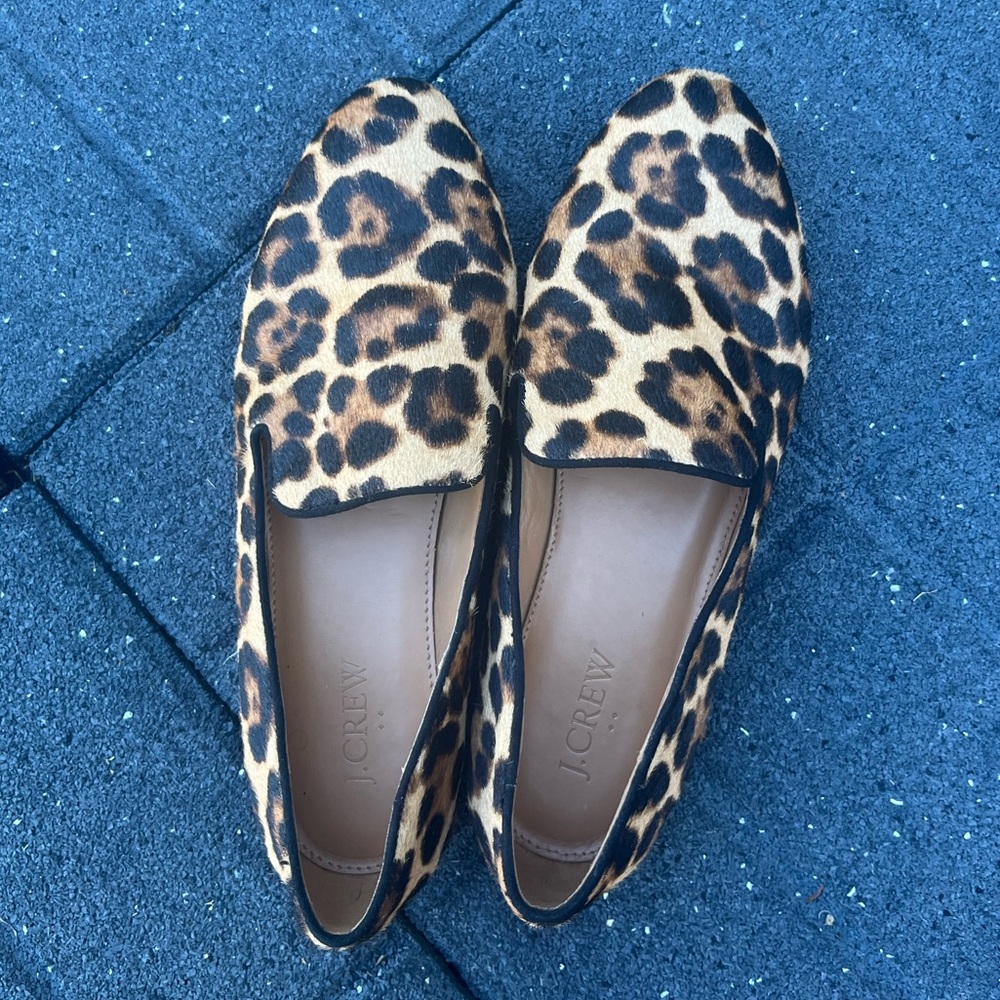 J Crew Leopard Calf Hair Smoking Loafers Size 8